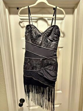 bebe Black Beaded Fringe Bodycon Mini Cocktail Dress Size M